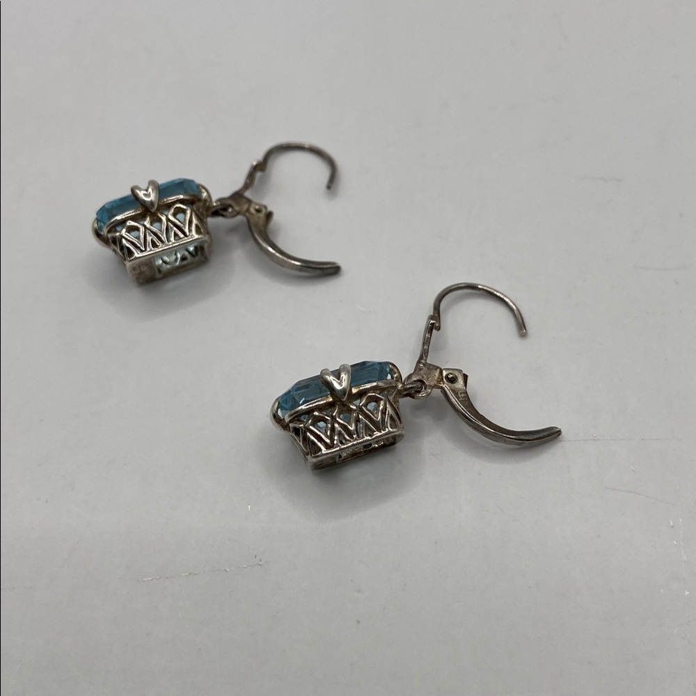 Vintage Sterling Silver 925 Blue Topaz Emerald Cut Lever Back Earrings - Picture 6 of 10